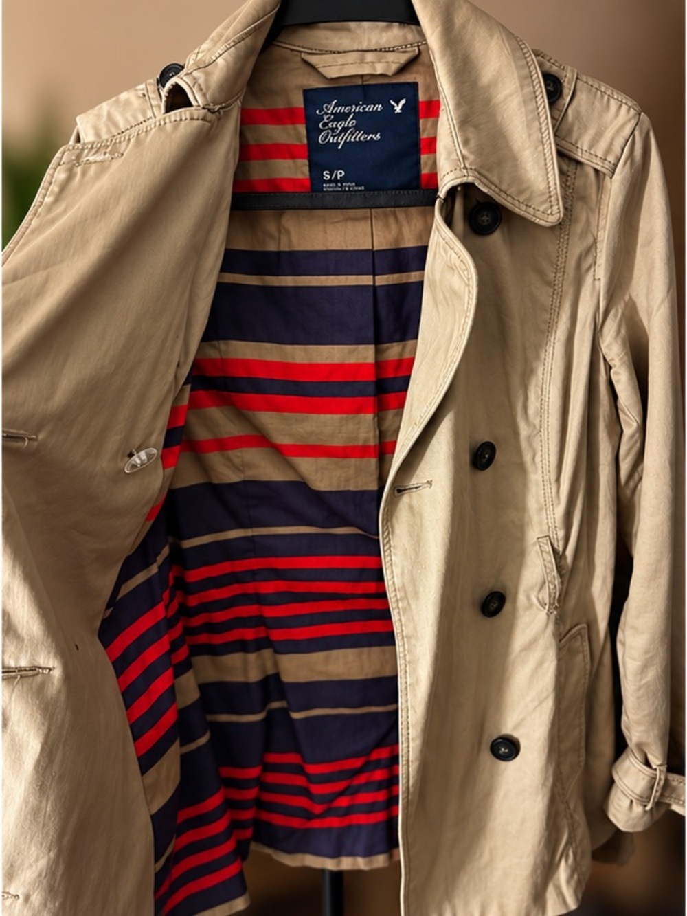 American Eagle Outfitters Tan Trench Coat with Navy & Red Striped Lining
